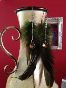 Green Feathers with Peacock Crystals on Chains
