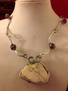 Beach Stone Wrapped in Thick Wire Frame and Hand Forged Hammered Silver Links Wrapped with Lavender Crystals