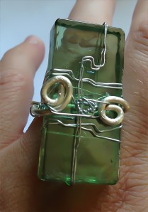 Green glass tile ring wrapped with three different wire thicknesses