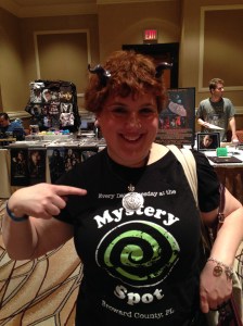 Adina wearing the "Today is Tuesday, but Yesterday was Tuesday Too!" necklace which goes smashingly with her Mystery Spot shirt!